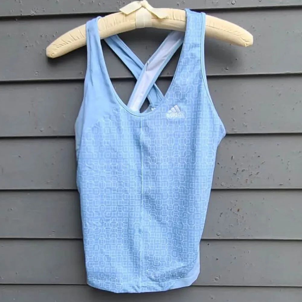 Adidas light blue white Tank with bra Criss Cross straps size Large